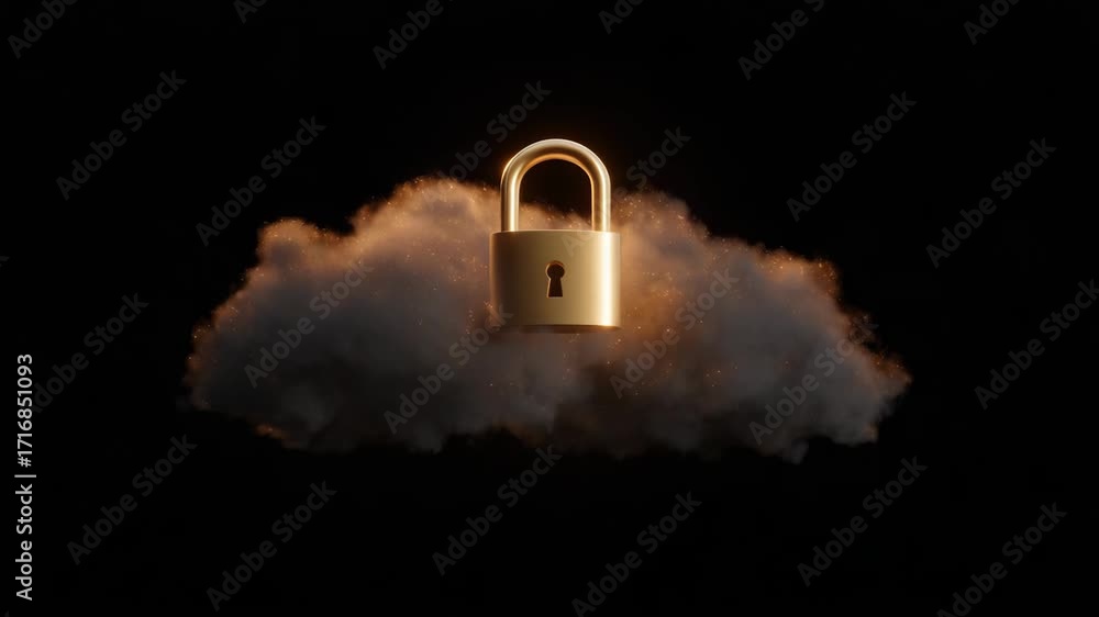 Poster a golden padlock floating above a cloud, symbolizing security and privacy in the digital age.