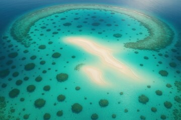 Aerial view of tropical turquoise lagoon with coral reefs white sandbars and crystal water under bright summer sky paradise island travel inspiration