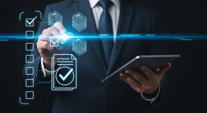 Professional businessman using digital checklist on tablet for quality assurance and compliance, ensuring efficient workflow and streamlined processes