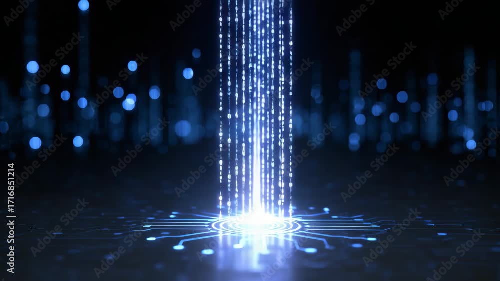 Poster a mesmerizing digital abstraction showcasing a cascade of glowing binary data streams in a futuristi