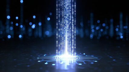 A mesmerizing digital abstraction showcasing a cascade of glowing binary data streams in a futuristic environment.