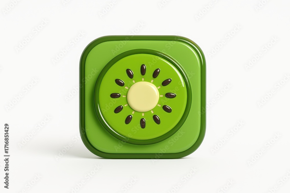 Poster Glossy kiwi 3D fruit icon isolated on white minimal shadow clean vector look PBR sculpted emoji style pack ready for apps UI and web design
