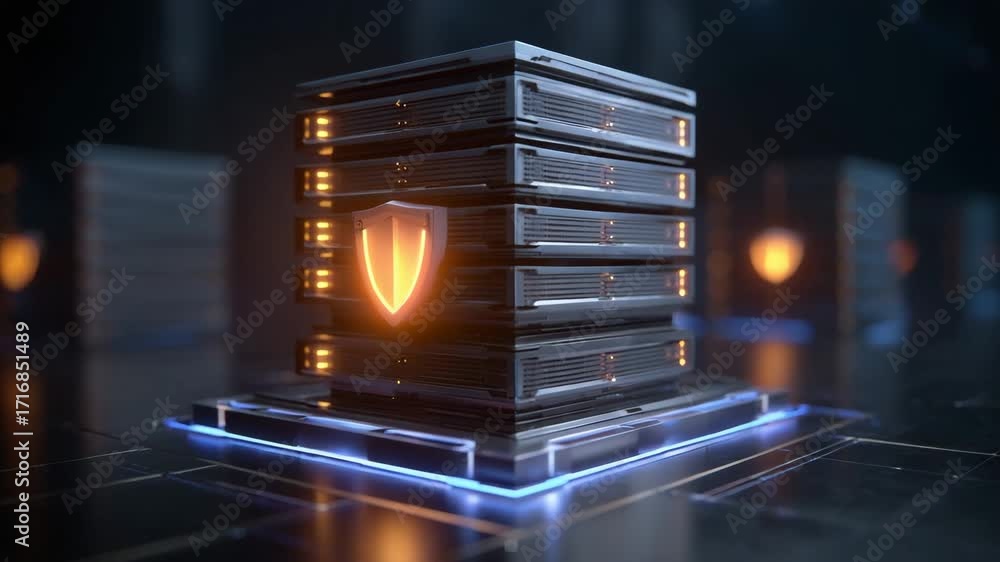 Poster a modern data server with digital shielding, representing cybersecurity and data protection in a sle