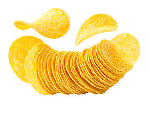 Stack of Crispy Potato Chips with Floating Pieces Isolated on White Background