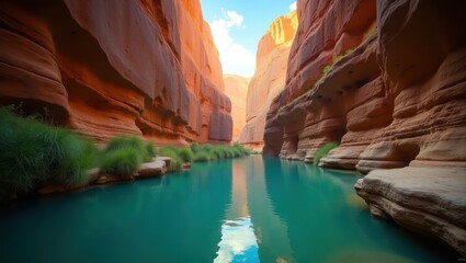 A serene canyon waterway, reflecting the vibrant orange-red rock formations, displays a tranquil turquoise watercourse.