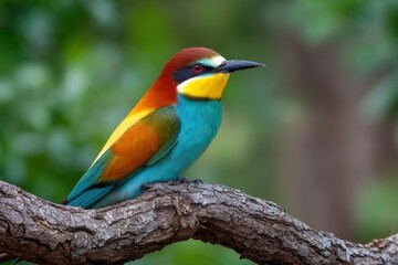 A beeeater bird perched on a branch shows its colorful plumage in a clear naturefocused shot