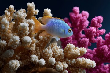 A blue and yellow fish swims near white and pink coral on a dark background