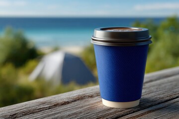 A blue coffee cup sits on a wooden table with a beach ocean and tent in the background