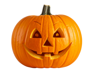 Front View of Carved Halloween Pumpkin with Happy Expression PNG Cutout