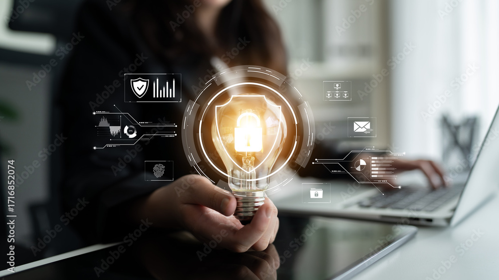 Poster cyber security protects against breaches, hacks, and network attacks using strong infrastructure and