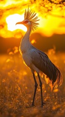 Obraz premium Striking secretary bird stmping through the African lains its elegant feathersglowing under the golden snrise ultra HD wildlife scne