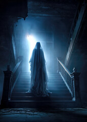 A ghostly figure draped in a flowing veil silently climbs the creaking staircase of a dimly lit, abandoned structure. Ethereal light filters through, creating an eerie atmosphere.