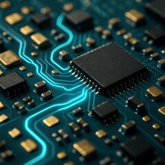Macro view of teal and gold printed circuit board with sharp depth of field and glowing traces futuristic electronics background high detail