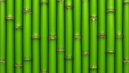 A vibrant wall of closely packed, bright green bamboo stalks, showcasing their cylindrical shapes and intricate joint details.