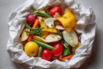 A collection of fresh vegetables and herbs displayed in a white crumpled paper container