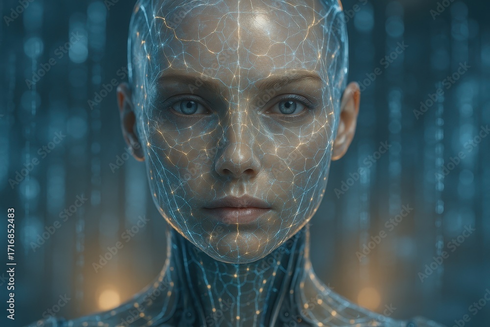 Poster translucent skinned android woman with luminous neural lattice learns from swirling data as a synthe