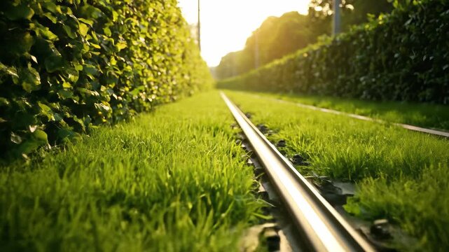 Lush green grass frames a serene pathway with glistening rails, capturing the tranquil essence of nature's beauty and the journey ahead in a vibrant scene