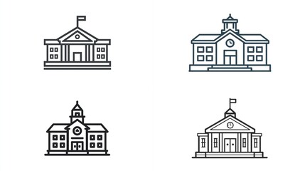 Four illustrations of academic building outlines, including flagpoles and various entrances