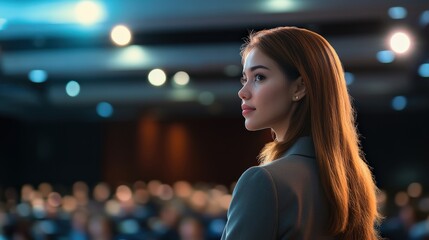 Professional Woman Engaged in a Conference Setting with Audience in Background
