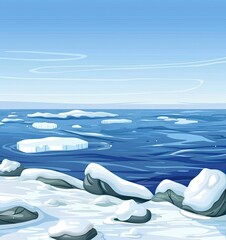 A vast expanse of frozen sea and sky, the colors of winter illustrated in a scene of calm and natural beauty.