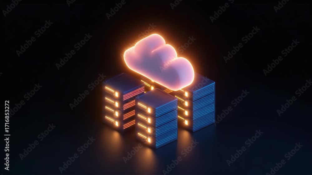 Poster an abstract representation of cloud computing with stylized buildings and a glowing cloud symbolizin