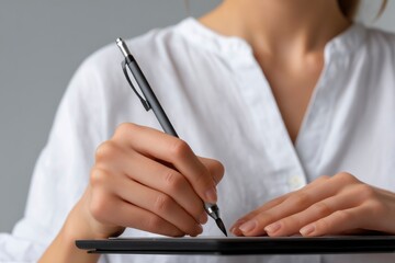 A person in a white shirt writing with a black pen on a black tablet