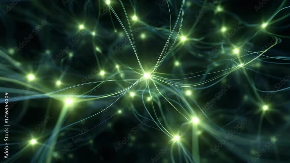Poster an abstract representation of interconnected lights and fibers, showcasing a dynamic interplay of en