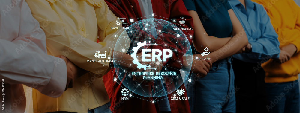 Poster diverse group of professionals engaged in erp system discussion, highlighting the importance of team