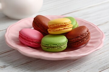 A pink plate holds colorful macarons on a white wooden surface with a white mug partially visible in the background