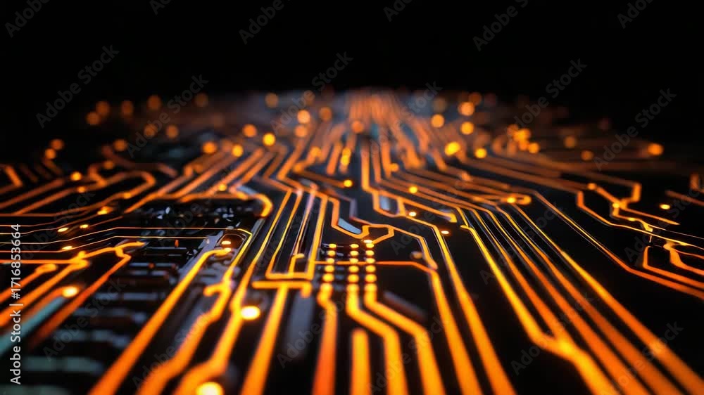 Poster elegant close-up of a glowing circuit board design, showcasing intricate patterns and vibrant orange