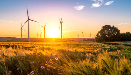 Wind Turbines in a Golden Wheat Field at Sunset.
