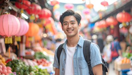 Smiling Asian Tourist in Vibrant Asian Market.