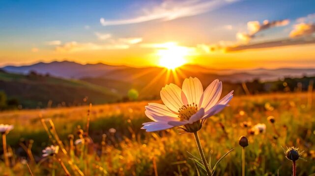Golden hour blooms: Captivating sunset scenery over flower meadow and distant mountains landscape,