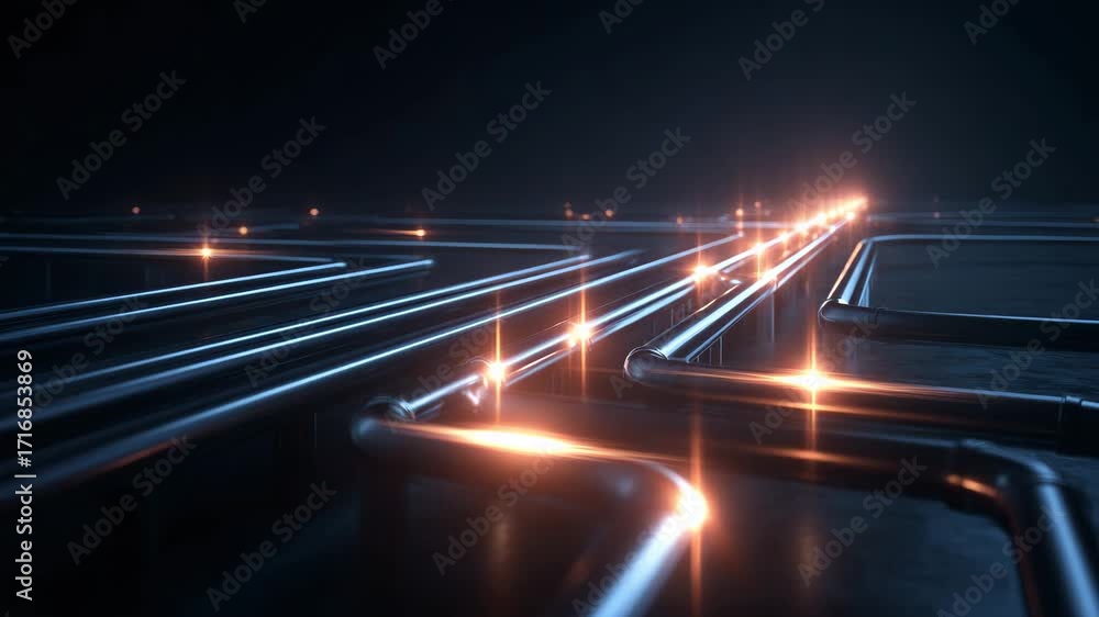 Poster futuristic view of illuminated pipes creating a complex network, symbolizing advanced technology and