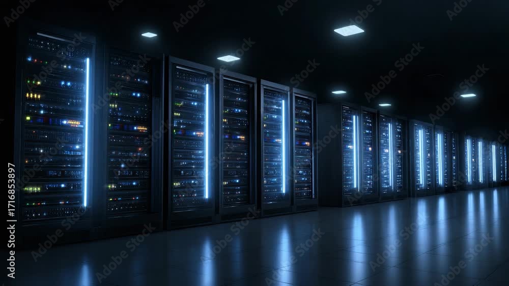 Aufkleber high-tech data center featuring rows of servers, illuminated by blue lights, representing advanced t