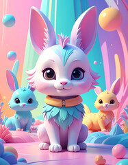 Adorable pastel-colored cartoon bunnies with big eyes in a whimsical, vibrant setting.