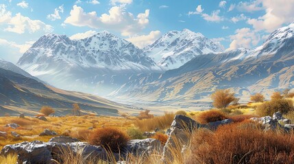 A vast expanse of snow-capped mountains, elegantly portrayed in a landscape painting that captures winter’s pure beauty.