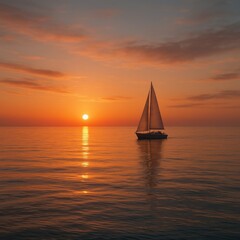 Fototapeta premium Golden hour yacht gliding across glassy ocean with radiant sunset sky and long reflections tranquil seascape horizon minimal travel mood