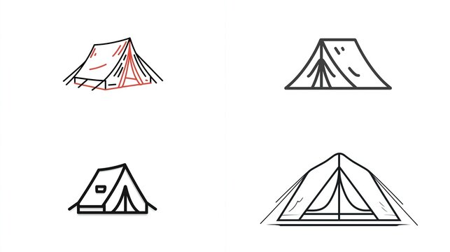 Four minimalist line drawings showing different styles of camping tents, side view - Powered by Adobe
