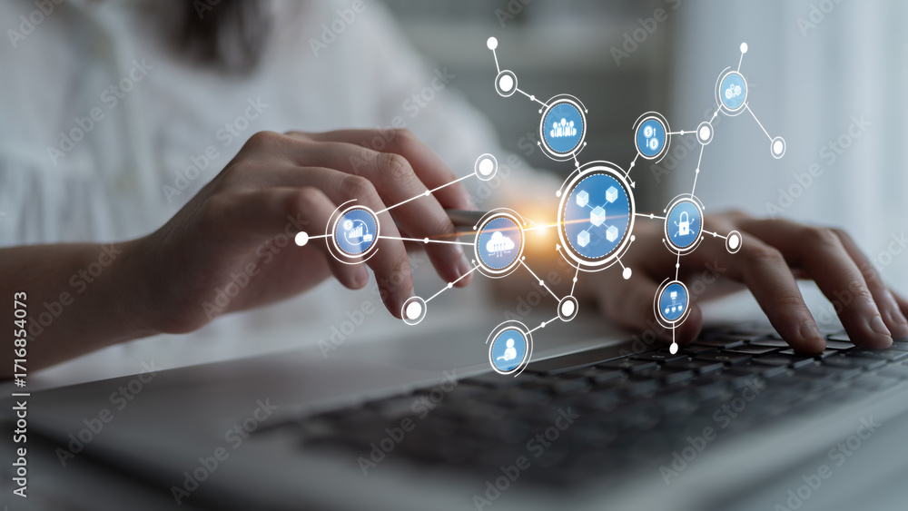 Poster a pair of hands typing on a laptop with graphic icons illustrating digital connections, representing