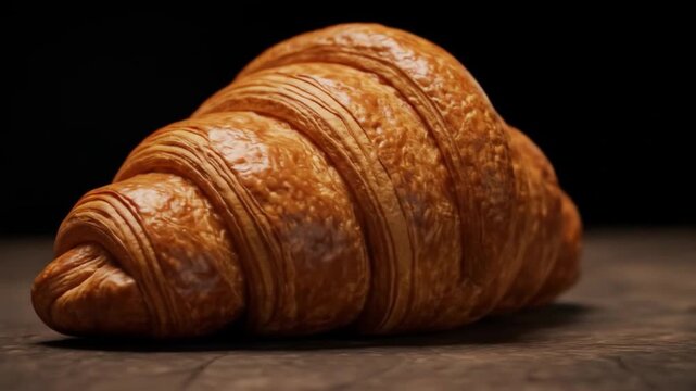 A brown croissant sits on a dark surface illuminated against a dark background Its flaky layers are highlighted
