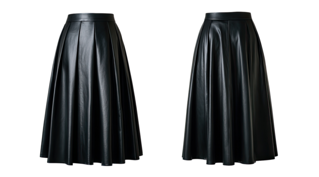 Black pleated faux leather midi skirt, front and back views