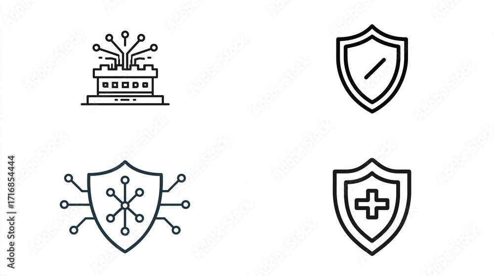 Wall mural cyber security icons protection of data and infrastructure with shields and network symbols