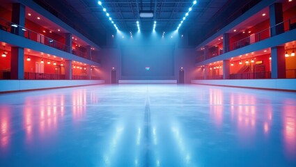 A vibrant indoor ice skating rink, bathed in hues of blue and pink, showcases a spacious, modern design.