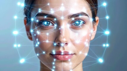 Futuristic Face Recognition System Analyzing Human Face with Glowing Network - Powered by Adobe