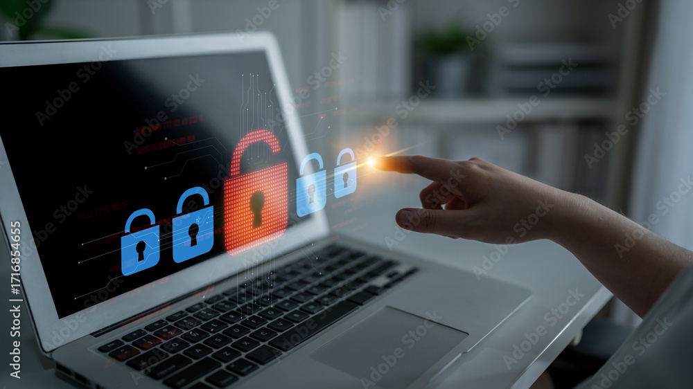Poster digital security concept illustrating a cybersecurity breach, with a red unlocked padlock indicating