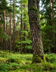 Naklejka premium Lush forest scene with mossy tree trunk