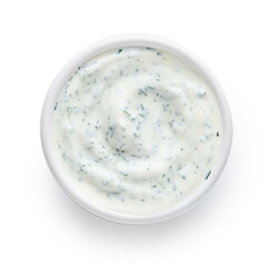 Bowl with tasty sour cream and chopped dill on white background, top view