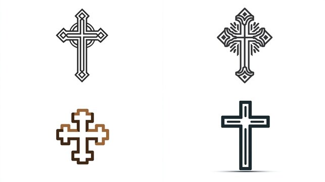 Set of simple cross outline drawings, clean designs depicting religious themes