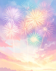 Colorful Fireworks Display Against a Pastel Sky at Dusk.